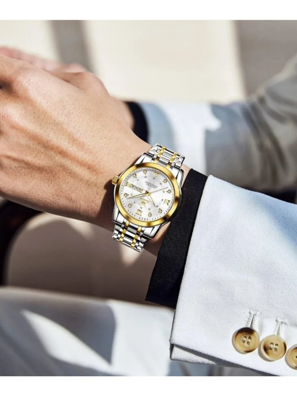Olevs Men's Silver Gold Diamond Wrist Quartz Stainless Luminous Luxury Watch